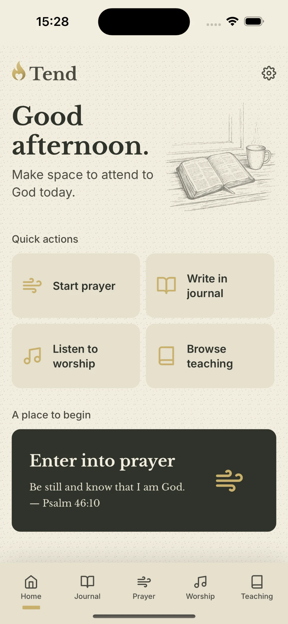 Tend Faith home screen showing the greeting and quick actions