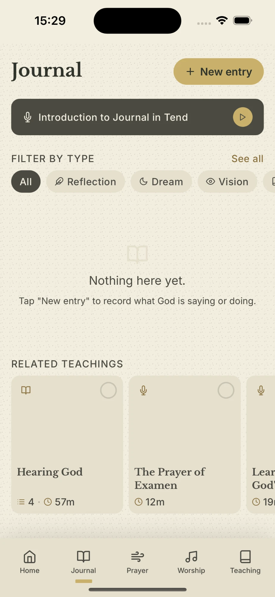 Tend Faith journal screen showing entry types and filter tabs