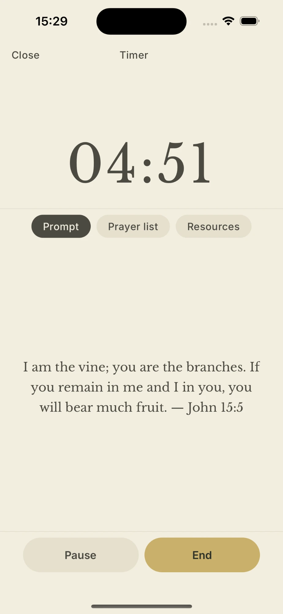 Prayer timer showing countdown and scripture prompt