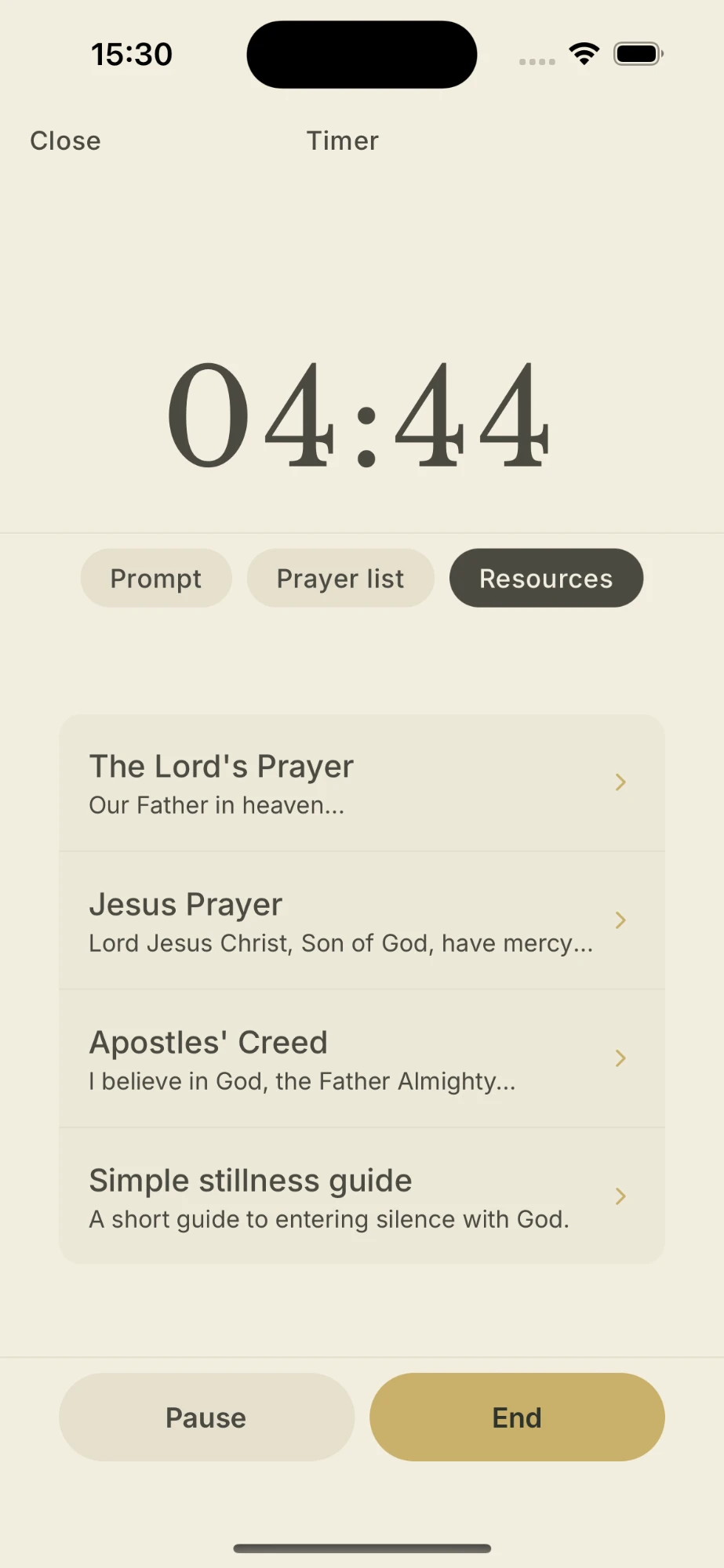 Prayer timer showing resources panel